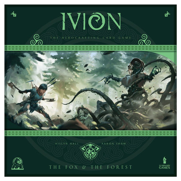 Board game box for 'Ivion' with two characters in a forest setting.