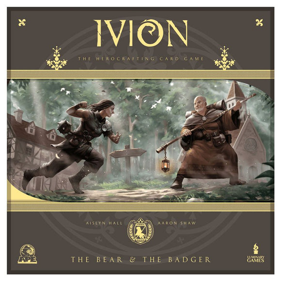 Board game box for 'Ivion' with two characters in a forest setting.