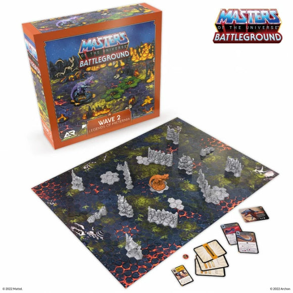 Masters of the Universe Battleground board game set with packaging and components on a white background