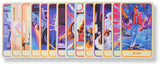 Set of trading cards with colorful and vibrant designs on a white background