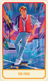Character in a futuristic setting with 'The Fool' text, reminiscent of a tarot card design.