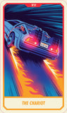 Futuristic car with flames on a tarot card-style background