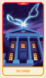 Tarot card titled 'The Tower' with a building under lightning, featuring the number XVI.