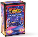 Back to the Future tarot deck and guidebook packaging with DeLorean and characters on a white background