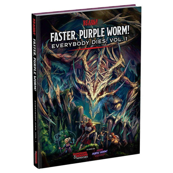Book titled 'Faster, Purple Worm! Everybody Dies. Vol. 1' with fantasy design on cover