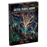 Book titled 'Faster, Purple Worm! Everybody Dies. Vol. 1' with fantasy design on cover