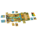 Board game with colorful tiles and pieces on a white background
