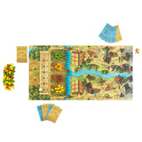 Board game set with a map, cards, and pieces on a white background