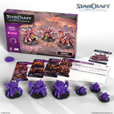 StarCraft tabletop miniatures game set with box and figures on a white background