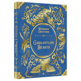 Blue book with gold decorative elements and 'Gargantuan Beasts' text on a white background