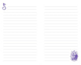Blank lined paper with decorative corners and a logo in the corner.