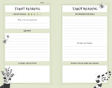 A tarot reading journal page set featuring two columns with lined writing areas labeled for moon phase, query, cards selected, interpretations, and draw your spreads. The pages have a pale sage green border with black text and spider illustrations.