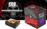 Window deck box with brand logo and product features on a dark background