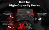 Card holder with red and black design on a dark background, highlighting features like high-capacity decks and secure magnetic holder.