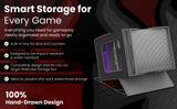 A smart game storage organizer shown open, displaying a card or token inside, with marketing text on a dark red and black background. The product appears to be a compact rectangular storage case with a textured gray interior and a black exterior.