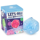 Plush D20 keychain with packaging labeled 'Let's Roll! Squishable Plush D20 Keychains' on a white background.
