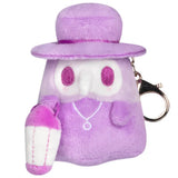 Purple plush keychain with a hat and necklace on a white background