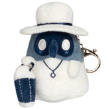 Plush keychain in the shape of a character with a white hat and blue outfit on a white background