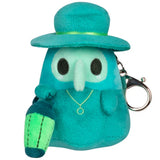 Turquoise plush keychain with a hat and bag on a white background