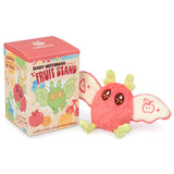 Plush keychain toy resembling a baby mothman next to its packaging on a white background