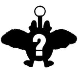 Black silhouette of a creature with a question mark on a white background