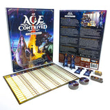 Board game components including a playmat, cards, and character figures with 'An Age Contrived' packaging.