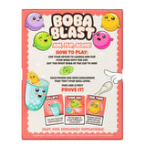 Front of the Boba Blast card game box, featuring colorful cartoon boba cups and characters on a white background with a coral border.
