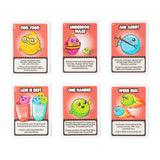 Six cartoon-style trading cards arranged in two rows on a plain white background. The cards feature colorful illustrated characters and titles including Odd Todd, Underdog Rules, Aim Assist, Less Is Best, One Handed, and Speed Run.