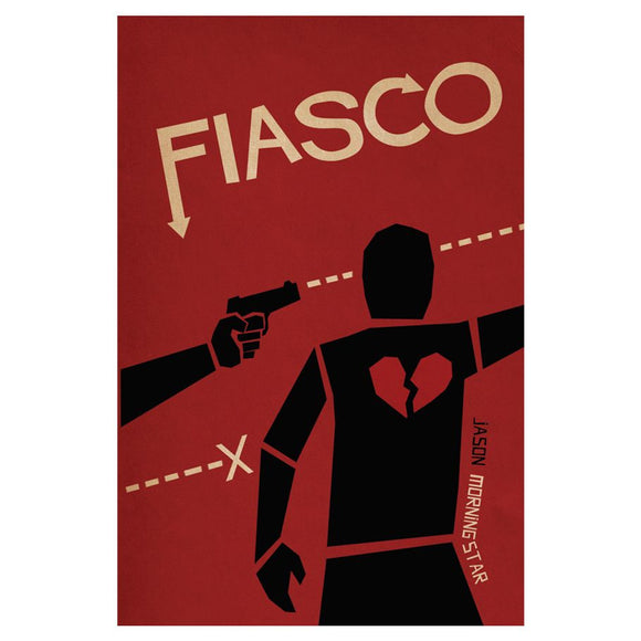 Book cover of 'Fiasco' with a silhouette of a person and another arm holding a gun, on a red background.