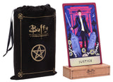 Tarot card with 'Justice' design and 'Buffy the Vampire Slayer' drawstring bag.