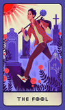 Tarot card featuring 'The Fool' with a person holding a staff in a colorful, mystical setting.