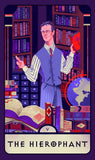 Tarot card featuring a figure labeled 'The Hierophant' in a library setting.
