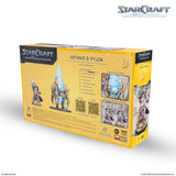 StarCraft tabletop game expansion set packaging with Artanis and Pylon figures on a white background.