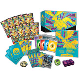 Pokémon trading card game set with cards, booster packs, and accessories on a white background