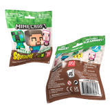 Two Minecraft blind bag packages shown on a plain white background, with one front-facing bag featuring character graphics and one back-facing bag showing the barcode and product details.