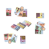 Colorful card game pieces with house designs on a white background