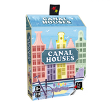 Board game box titled 'Canal Houses' with colorful illustrations of houses and a bicycle on a white background.