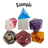 Set of colorful polyhedral dice on a white background with 'Example' text above.