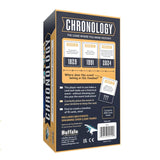 Chronology: The Game Where You Make History! board game box back cover by Buffalo Games, shown on a plain white background. The box is dark blue with gold and white text and graphics, including event timeline panels and a barcode.