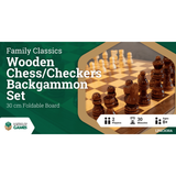 Wooden chess/checkers/backgammon set with board and pieces on a green background