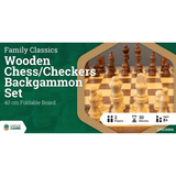 Wooden chess, checkers, and backgammon set with a green background and text.