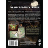 Back cover of the Clockwork & Clay board game, showing the title 'THE DARK SIDE OF NEW ENGLAND,' product description text, a small inset photo of a game scene, a barcode, and branding logos on a dark background.