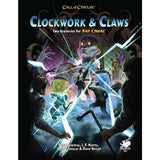 Front cover of the Call of Cthulhu tabletop RPG supplement 'Clockwork & Claws', featuring dramatic fantasy artwork of figures with glowing blue energy weapons facing a large creature in a dark industrial setting.