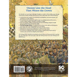 Back cover of the board game 'Unasely Lies the Head That Wears the Crown' featuring a detailed illustration of players in medieval armor and a parchment-style text box with rules and game history.