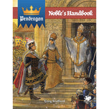 Front cover of the board game 'Noble's Handbook' by Greg Stafford, published by Pendragon. The cover features a detailed medieval illustration showing a king, queen, and pope on stone steps, with the Pendragon brand logo in a blue banner at the top left and the title 'Noble's Handbook' in white text on a red background at the top right.