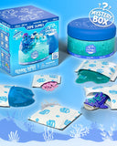 Slime Worlds slime kit with packaging and slime on a blue background