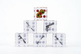 Clear dice with gun designs on a white background