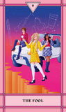 Card titled 'The Fool' featuring three women in colorful outfits with a car and abstract elements.