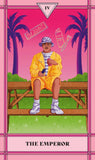 Card titled 'The Emperor' with a person sitting on a bench, palm trees, and pink background