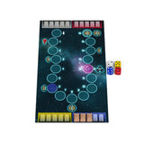 Board game mat with game pieces and dice on a white background